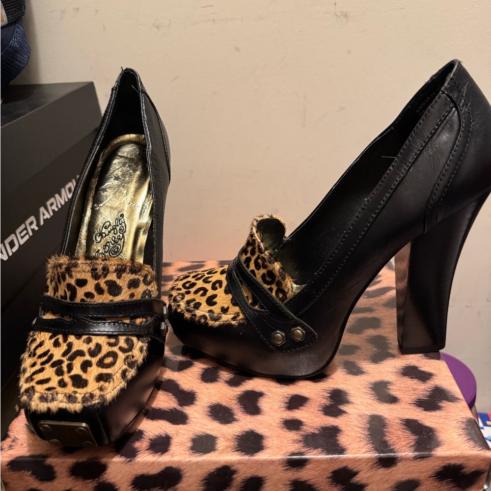 Naughty Monkey Black and Leopard Print Heels
